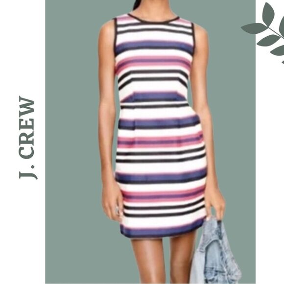 J. Crew Sleeveless Stripe Cotton Scuba Dress Lined Cinch Waist Red Blue Size 4 - Picture 1 of 8